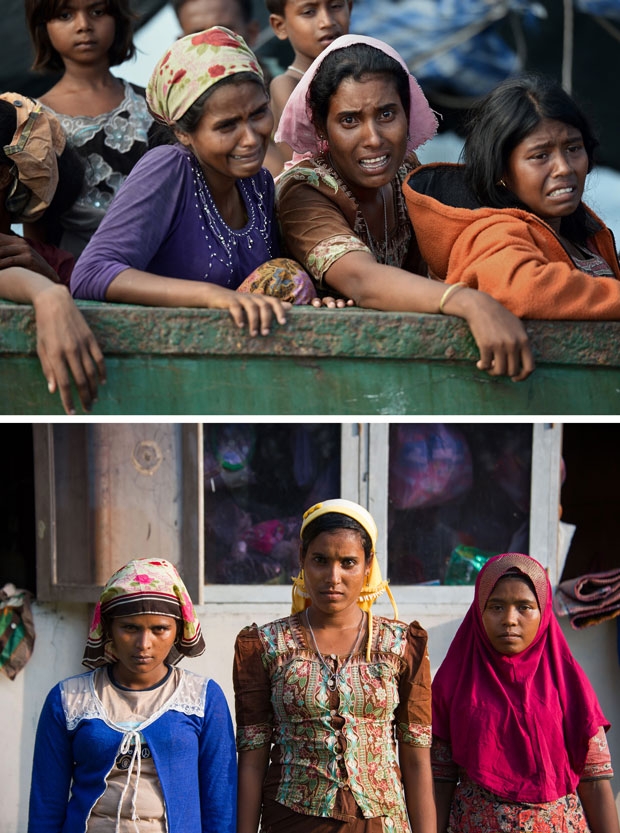 Combination shows Rohingya migrant women Sanuarbego, 18, Ambihatu, 21, and Husmahatun, 21, on a boat drifting off Thailand on May 14, 2015 and at a camp in Indonesia on May 28, 2015 Combination shows Rohingya migrant women Sanuarbego, 18, Ambihatu, 21, and Husmahatun, 21, on a boat drifting off Thailand on May 14, 2015 and at a camp in Indonesia on May 28, 2015