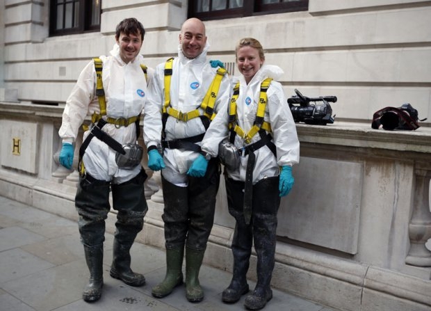 AFP reporters Robin Millard (L), Adrian Dennis and Helen Percival (R) emerge from Regent sewer in London AFP reporters Robin Millard (L), Adrian Dennis and Helen Percival (R) emerge from Regent sewer in London
