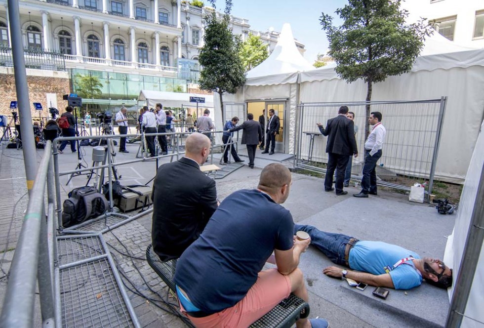 Journalists outside the Palais Coburg Hotel. July, 2015. Journalists outside the Palais Coburg Hotel. July, 2015.
