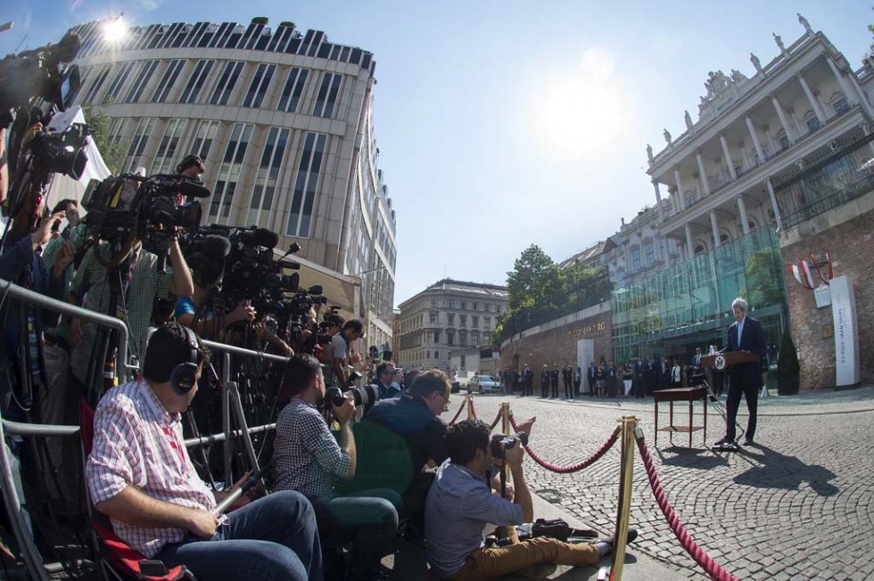John Kerry outside the Palais Coburg Hotel in Vienna. July, 2015. John Kerry outside the Palais Coburg Hotel in Vienna. July, 2015.