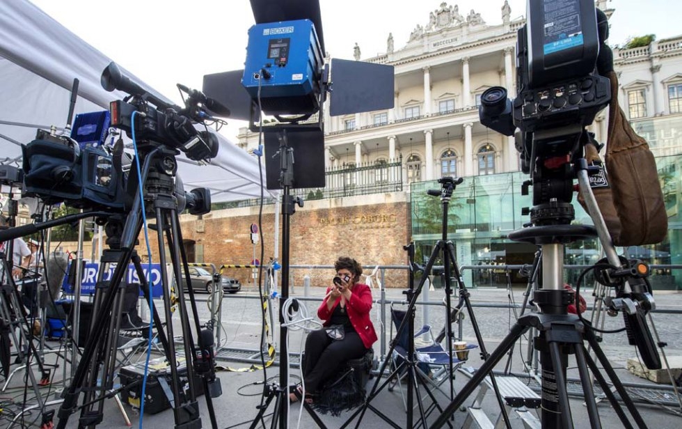 Setting up camp outside the Palais Coburg Hotel in Vienna. July, 2015. Setting up camp outside the Palais Coburg Hotel in Vienna. July, 2015.