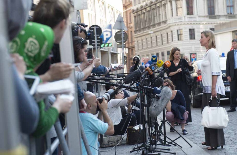 Federica Mogherini, the EU High Representative for Foreign Affairs and Security Policy, speaks to journalists at the Palais Coburg Hotel in Vienna on July 5, 2015 Federica Mogherini, the EU High Representative for Foreign Affairs and Security Policy, speaks to journalists at the Palais Coburg Hotel in Vienna on July 5, 2015