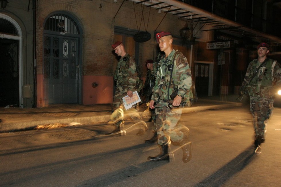 Soldiers from the US army 82nd Airbone Division patrol in the streets of the French Quarter in New Orleans late September 4, 2005 (AFP Photo / Nicholas Kamm) Soldiers from the US army 82nd Airbone Division patrol in the streets of the French Quarter in New Orleans late September 4, 2005 (AFP Photo / Nicholas Kamm)