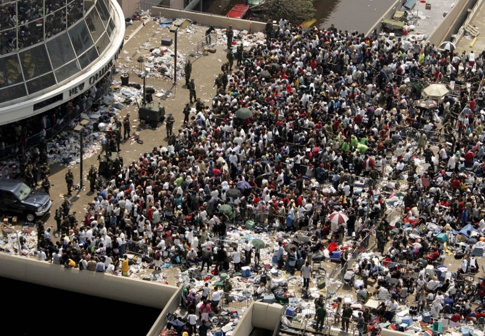 Thousands of people displaced by Hurricane Katrina await buses to depart the Superdome on September 2, 2005 in New Orleans, Louisiana Thousands of people displaced by Hurricane Katrina await buses to depart the Superdome on September 2, 2005 in New Orleans, Louisiana