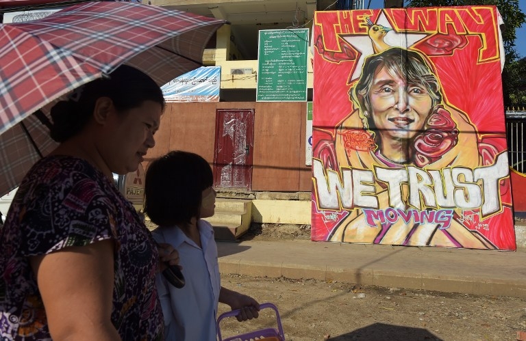 Graffiti depicts Suu Kyi outside the headquarters of her party in Yangon. Graffiti depicts Suu Kyi outside the headquarters of her party in Yangon.