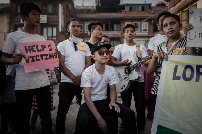 Students play music to raise funds for earthquake victims in Kathmandu on May 4, 2015 Students play music to raise funds for earthquake victims in Kathmandu on May 4, 2015