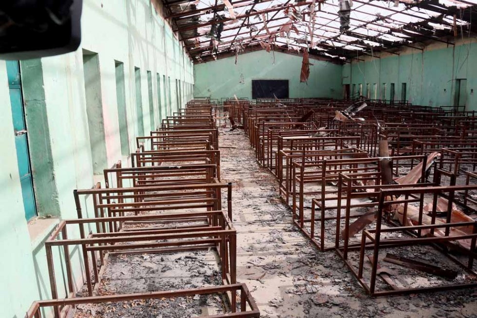 Burnt-out classrooms at the school, March, 2015. Burnt-out classrooms at the school, March, 2015.