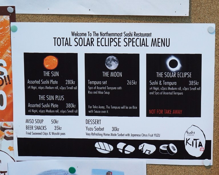An eclipse-themed restaurant menu in Longyearbyen, Svalbard, on March 19, 2015 An eclipse-themed restaurant menu in Longyearbyen, Svalbard, on March 19, 2015