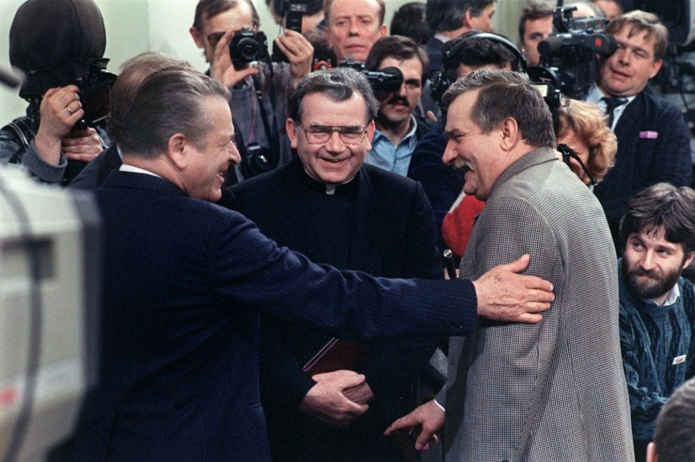 Lech Walesa jokes with the Interior minister Czeslaw Kiszczak Lech Walesa jokes with the Interior minister Czeslaw Kiszczak