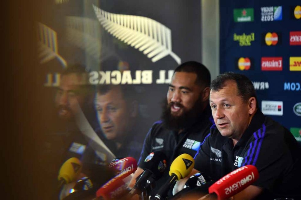 All Blacks assistant coach Ian Foster and prop Charlie Faumuina at a press conference. All Blacks assistant coach Ian Foster and prop Charlie Faumuina at a press conference.