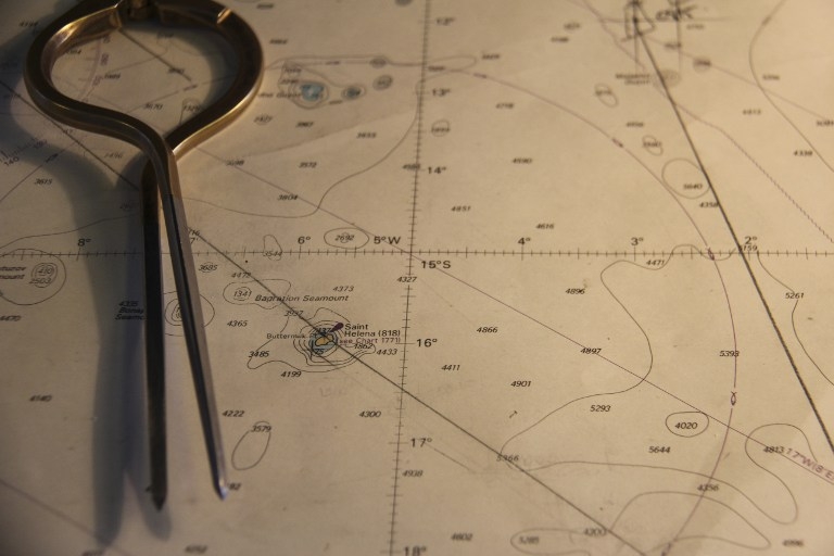 A maritime chart showing the island of Saint Helena, on the bridge of the RMS Saint Helena A maritime chart showing the island of Saint Helena, on the bridge of the RMS Saint Helena