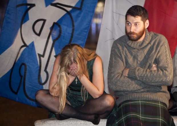 Pro-Independence supporters in Edinburgh show sadness as referendum results are announced Pro-Independence supporters in Edinburgh show sadness as referendum results are announced