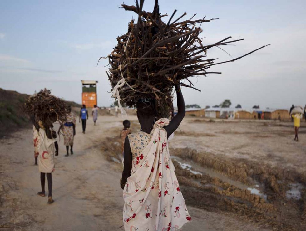 Young women carry firewood at a UN base. Young women carry firewood at a UN base.