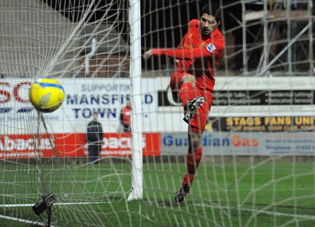 Suarez scores for Liverpool in Mansfield Town, January 2013. Suarez scores for Liverpool in Mansfield Town, January 2013.