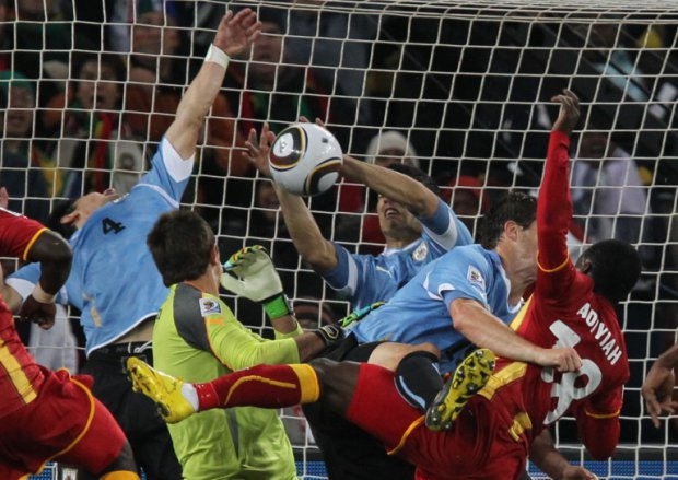 The infamous handball from Suarez that deprived Ghana of a quarter-final win at the 2010 World Cup in South Africa in 2010. The infamous handball from Suarez that deprived Ghana of a quarter-final win at the 2010 World Cup in South Africa in 2010.