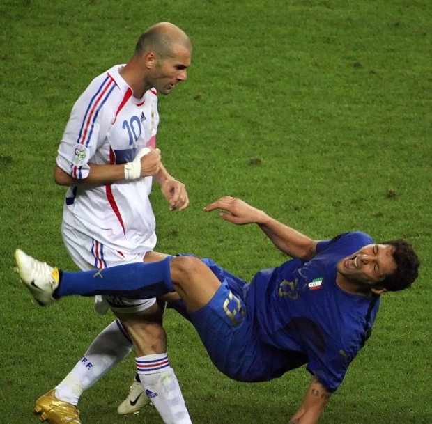 Zinedine Zidane's infamous headbutt on Marco Materazzi during the 2008 World Cup final. Zinedine Zidane's infamous headbutt on Marco Materazzi during the 2008 World Cup final.