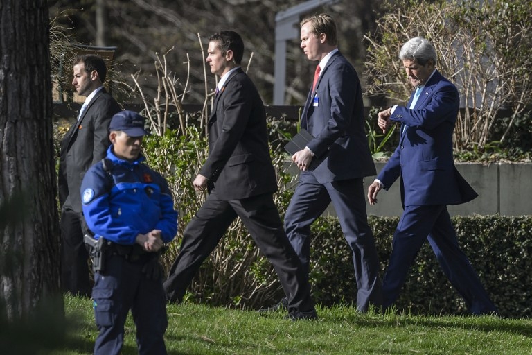 US Secretary of State John Kerry walks in the garden of the Beau Rivage in Lausanne during a break in talks on April 1, 2015 US Secretary of State John Kerry walks in the garden of the Beau Rivage in Lausanne during a break in talks on April 1, 2015