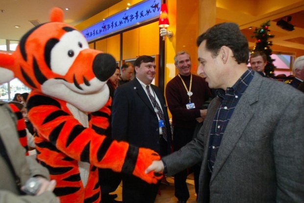 'Tigger' greets then-interior minister Nicolas Sarkozy at Disneyland Paris on December 13, 2003 'Tigger' greets then-interior minister Nicolas Sarkozy at Disneyland Paris on December 13, 2003
