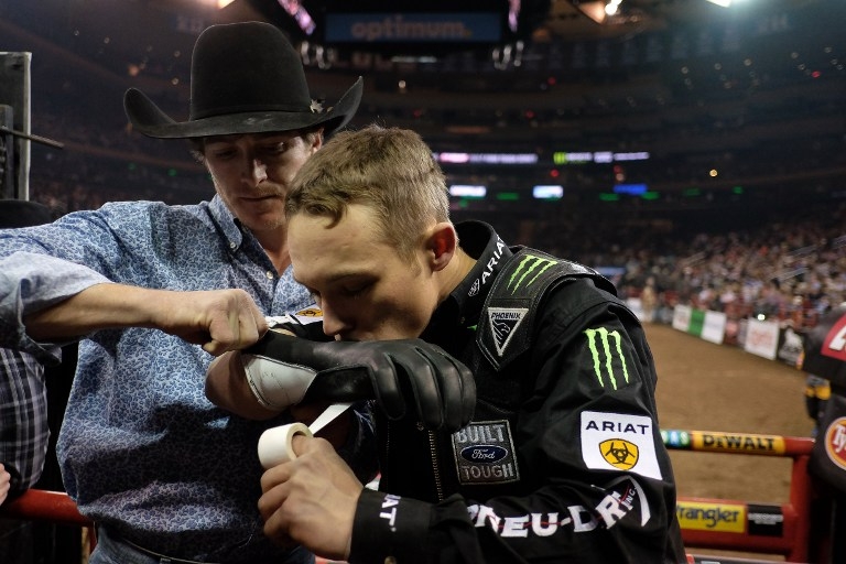 Gage Gay gets ready to take on 'The Parrot' at the PBR Monster Energy Buck-Off on January 16, 2015 Gage Gay gets ready to take on 'The Parrot' at the PBR Monster Energy Buck-Off on January 16, 2015