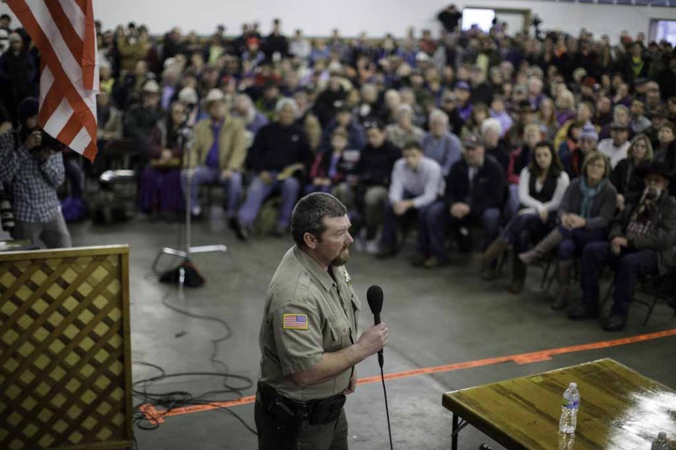 Harney County Sheriff David Ward addresses the community meeting at the fairgrounds on January 6, 2016. Harney County Sheriff David Ward addresses the community meeting at the fairgrounds on January 6, 2016.