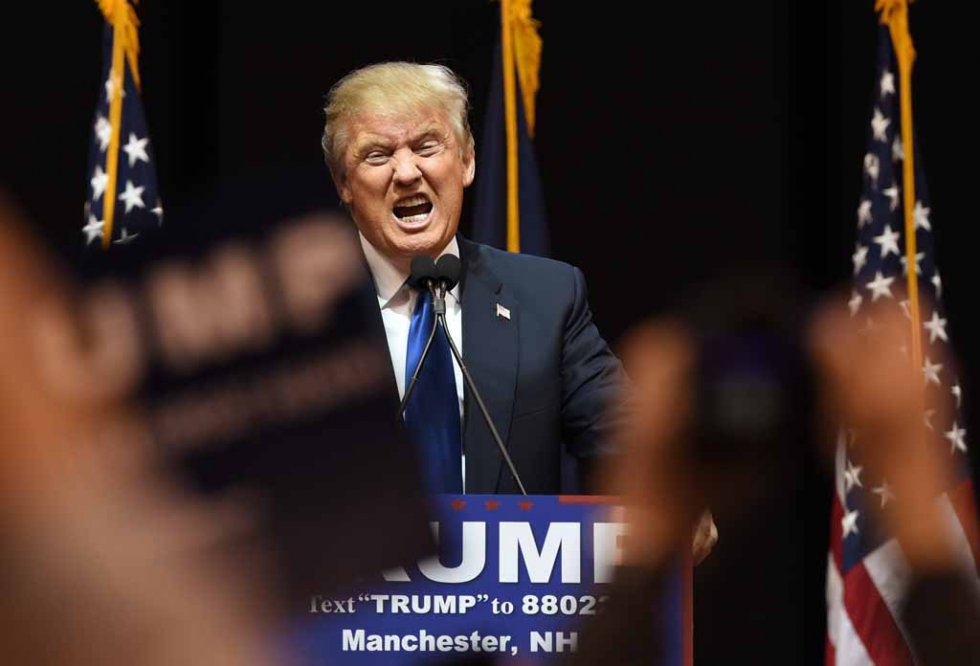 Trump speaks to a crowd at a Manchester, NH rally. February 8, 2016. Trump speaks to a crowd at a Manchester, NH rally. February 8, 2016.