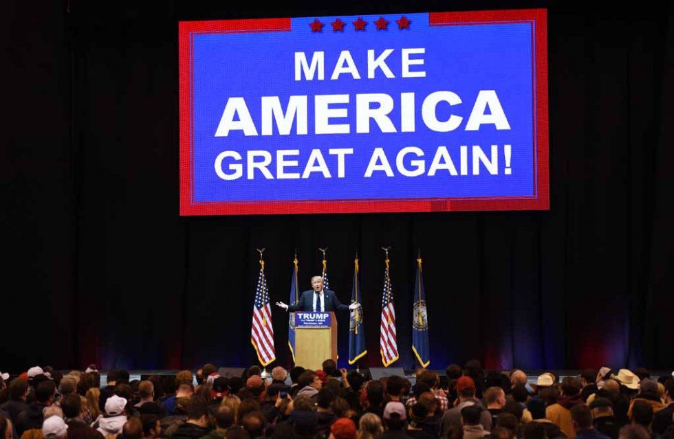 Trump addresses a crowd in Manchester, NH. February 8, 2016. Trump addresses a crowd in Manchester, NH. February 8, 2016.