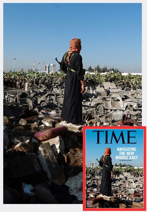 A Yemeni man examines damage done by a Saudi air raid against Huthi positions near Sanaa airport on March 26, 2015. The picture was used on the front page of Time magazine A Yemeni man examines damage done by a Saudi air raid against Huthi positions near Sanaa airport on March 26, 2015. The picture was used on the front page of Time magazine