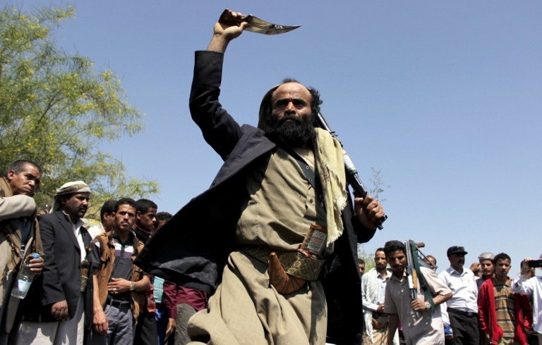 Supporters of the Shiite Huthi militia demonstrate in Taiz on April 1, 2015 against the Saudi-led Operation Decisive Storm in Yemen Supporters of the Shiite Huthi militia demonstrate in Taiz on April 1, 2015 against the Saudi-led Operation Decisive Storm in Yemen