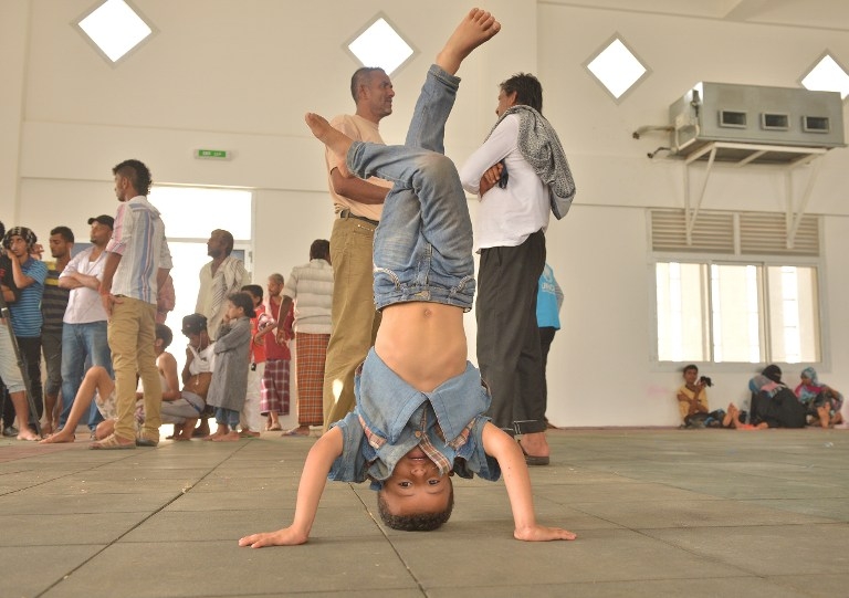 A Yemeni child plays at a UNHCR facility at Obock in Djibouti on April 12, 2015 A Yemeni child plays at a UNHCR facility at Obock in Djibouti on April 12, 2015