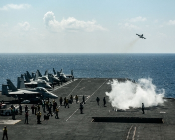 An F18 Hornet fighter jet takes off from the 330 meters navy aircraft carrier USS Harry S. Truman in the eastern Mediterranean Sea on May 8, 2018.