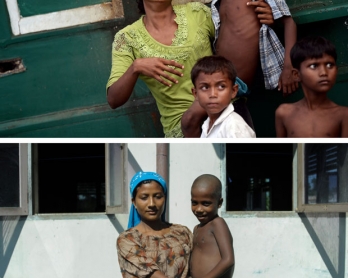 Rohingya migrant Ronji, 21, and her six-year-old son on a boat drifting off Thailand on May 14, 2015 and at a camp in Indonesia's Aceh province on May 24, 2015
